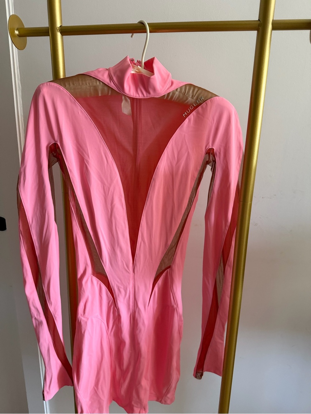 Mugler Hot Pink Long-Sleeve Cutout Mini Dress